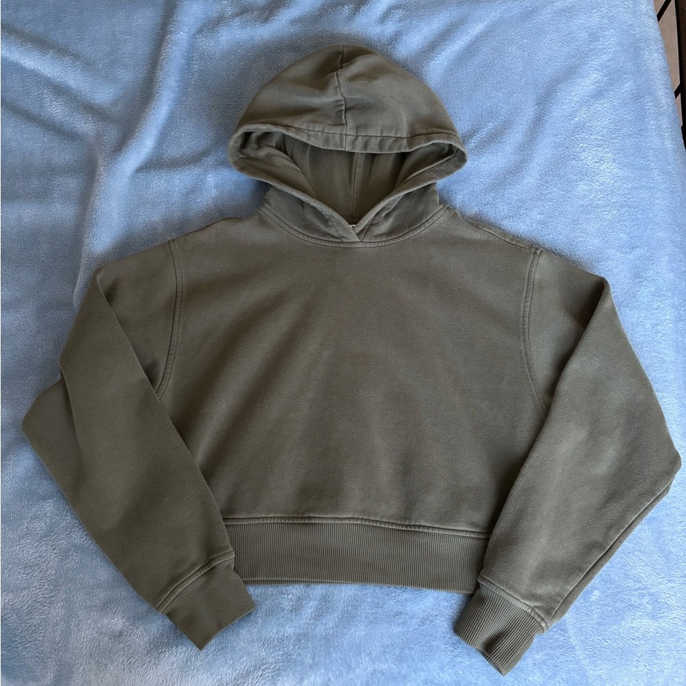 Abound Women’s Everyday Fleece Cropped Green Hooded Pullover Sweatshirt, Small